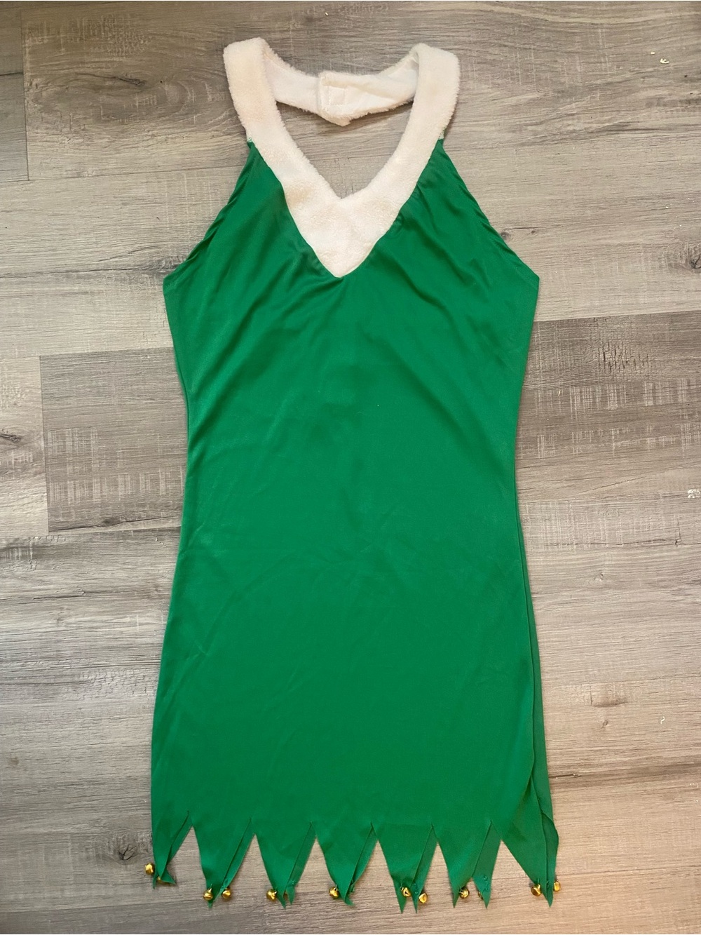 Fun Shack Small Green Christmas Elf Halter Dress w/ White Faux Fur Trim & Bells